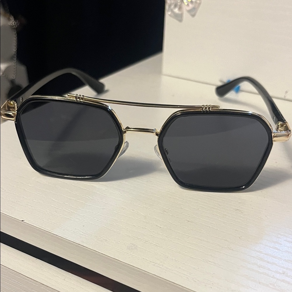 Hexagonal Black and Gold Sunglasses